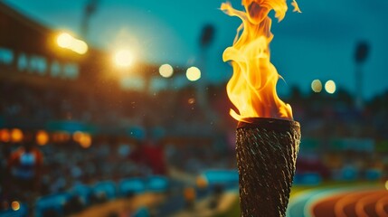 Torch with bright flame against blurred evening background.