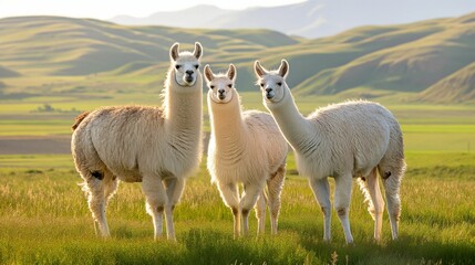 Fototapeta premium Three white llamas standing together in a lush green field, with soft, golden sunlight illuminating their fur.