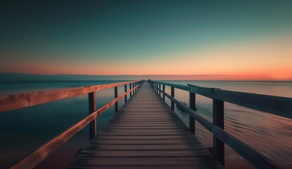 Fototapeta premium Long bridge leading to the horizon, sunset sky,