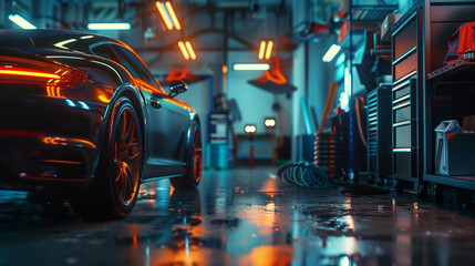 A sleek, modern sports car is parked in a professional auto repair shop illuminated by neon lights,...