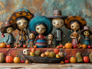 Mexican Family Dolls at Festive Table