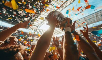 Closeup of a football team's hands lifting a trophy amidst confetti