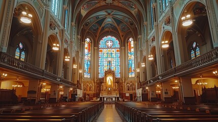 Fototapeta premium A breathtaking view of a grand cathedral's intricate stained glass windows, ornate altar, and majestic architectural design that captures both history and reverence