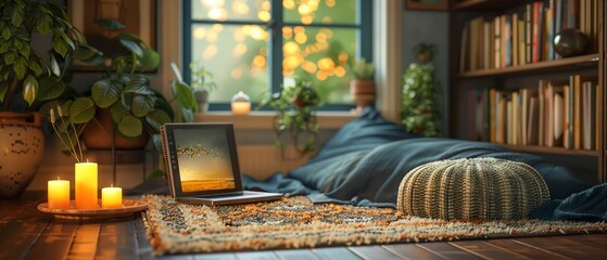 A cozy reading nook with a laptop, candles, and plants.