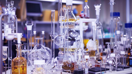 A busy laboratory setup filled with various chemical glassware in a research environment.