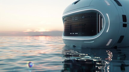 Clean Water Initiatives and Environmental Impact - Close-up of technologies used in clean water initiatives, showcasing their impact on the environment with a minimalist background Side view Futuristi