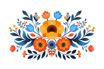 vibrant and intricate folk art floral design featuring an array of orange, blue, and yellow flowers. This symmetrical composition showcases blooming flowers, leaves, and berries,