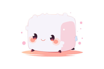 Cute square marshmallow cartoon character with a happy face and blush, on a white background.