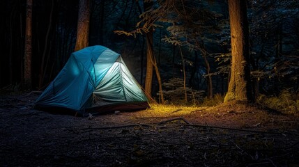 Camping tent in a dark forest at night