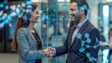 High-Tech Business Partnership Illustrated by Two Professionals Shaking Hands, Embodying a Collaborative Spirit in a Modern Business Environment