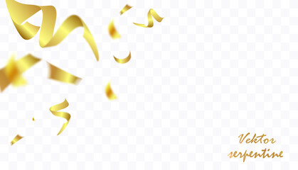 Confetti on a transparent background. Falling shiny golden confetti. Bright golden holiday tinsel. Holiday design elements for web banner, poster, flyer, invitation. Vector 10 EPS