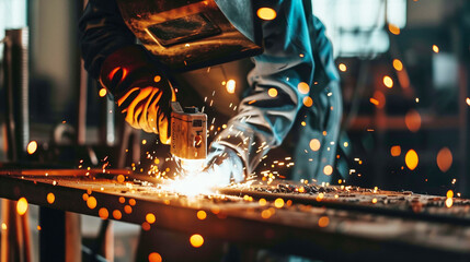 A welder wearing safety gear and gloves works with a welding torch in a workshop, creating bright sparks that illuminate the dark environment. - Powered by Adobe