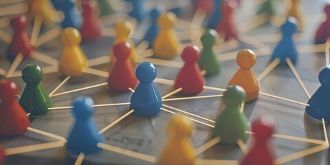Colorful plastic people game pieces connected by sticks on a board.