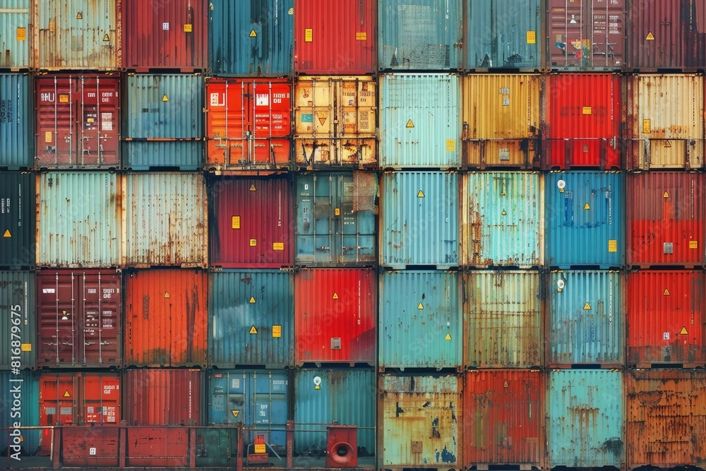Poster vibrant array of stacked shipping containers forms a colorful patterned wall