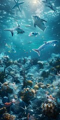 Ocean Conservation and Plastic-free Capture the ethereal underwater world with a selective focus on marine life thriving in a plastic-free environment, using the deep blue sea as a backdrop Theme Mari