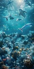 Obraz premium Ocean Conservation and Plastic-free Capture the ethereal underwater world with a selective focus on marine life thriving in a plastic-free environment, using the deep blue sea as a backdrop Theme Mari