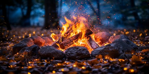 A cozy campfire in a tranquil forest setting during autumn, with glowing embers and fallen leaves creating a warm and inviting atmosphere amidst nature