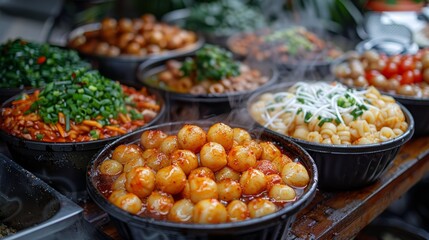 Obraz premium A vibrant street food market stall displaying a variety of flavorful and steaming hot dishes, highlighting the diversity and richness of global cuisines