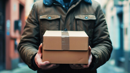 A person in a brown jacket holds a cardboard package while standing on a street. The focus is on the package, indicating delivery or shipping services. - Powered by Adobe