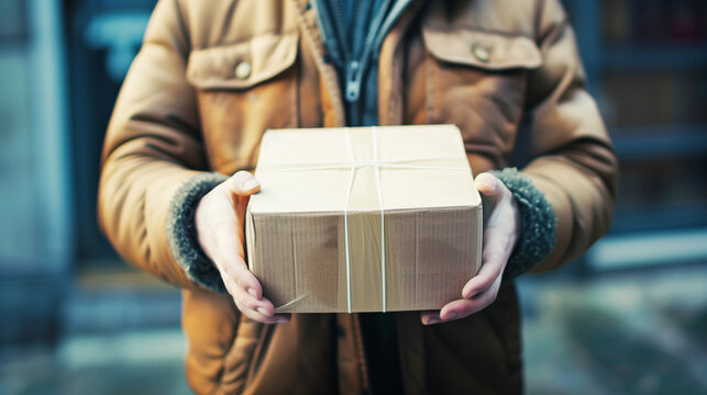 Close-up of a person in a brown jacket holding a wrapped parcel tied with string, suggesting delivery or gift-giving.