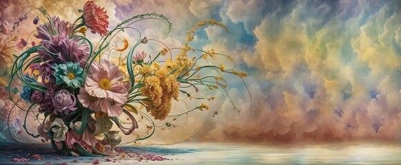 Banner of A stunning, surrealist painting of flowers and petals coming alive, dancing gracefully in a harmonious symphony. The petals are of various vibrant colors, intertwining with intricate patte