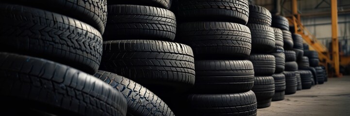 Obraz premium Piles of car tires in factory storage area. Concept Industrial Waste Management, Recycling Practices, Synthetic Rubber Production, Tire Manufacturing Technology