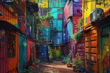 Vibrant graffiti on stacked shipping containers in a narrow alley, illustrating urban art and architecture