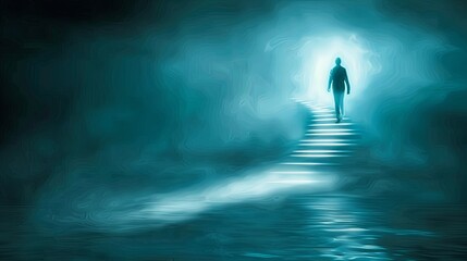 Mysterious figure ascending into bright light on ethereal staircase