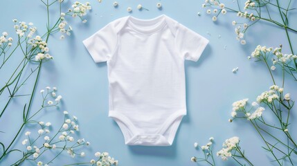 A white baby onesie is displayed on a blue background