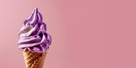 purple ice cream with waffle cone isolated on a pink background, copy space