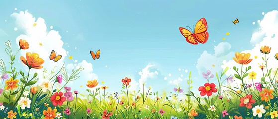 Craft a greeting card featuring a flat design of a sunny day, complete with vibrant flowers and butterflies, ideal for spring and summer greetings
