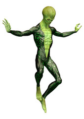 3D Rendering Green Alien on White