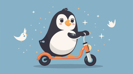 Cute Penguin riding scooter flat vector style