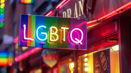Vibrant LGBTQ neon sign illuminated in a city at night, symbolizing diversity and pride in a lively urban setting