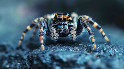 Macro photograph of a jumping spider with vibrant colors and detailed patterns, highlighting its large eyes and textured body against a dark, blurred background.