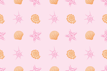 Seamless pattern. Pink starfish and colored seashells on 
a pink background.