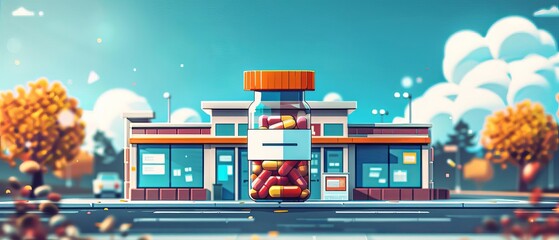 Colorful prescription bottle in a cartoon flat design, foregrounding a stylized public building