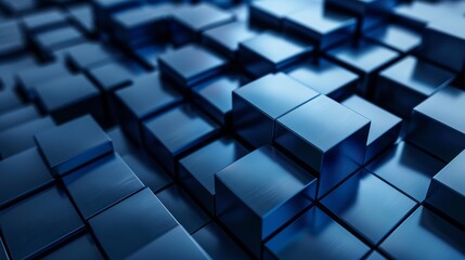 Geometric abstract 3D render, blue cube shape