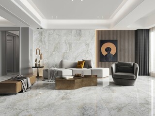 Living room's interior features a polished textured marble floor, a luxurious couch next to a window with a view of the ocean, a ceramic coffee table,  other home furnishings. 3D Rendering