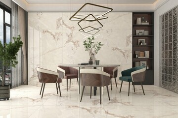 Luxury dinning area interior with beige marble floor, white walls with window, hanging unique lamp on table, fire works aside, photo frame above it, circular table. 3D Illustrations. 3D Rendering