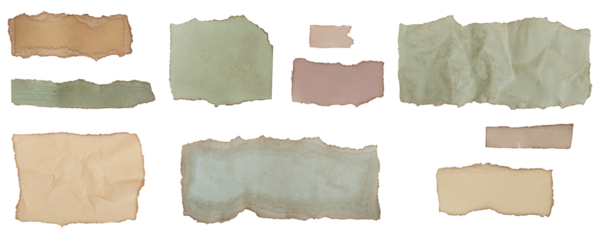 A set of pieces of colored aged paper, wrinkled, with yellowed edges, textured on a neutral transparent background. Design element. PNG