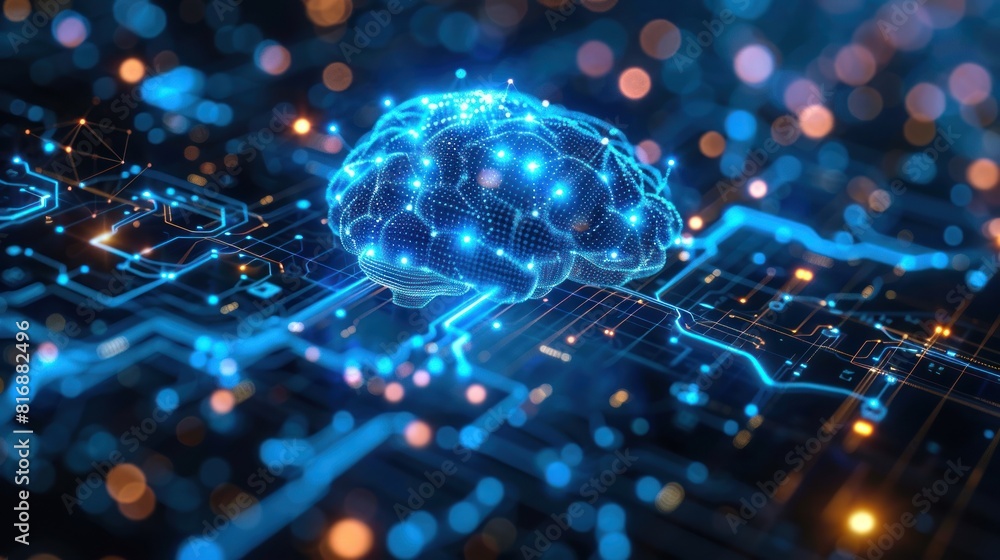 Poster cyber future technology concept .blue intelligent artificial brain mother computer., illustration, c