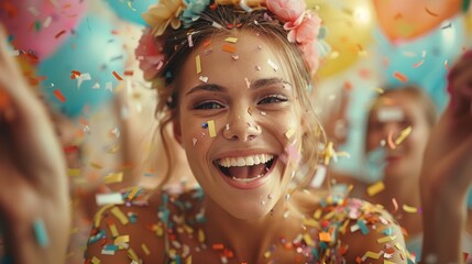 A joyful young woman with flowers in her hair celebrates excitedly amid a burst of colorful confetti, displaying a wide, infectious smile