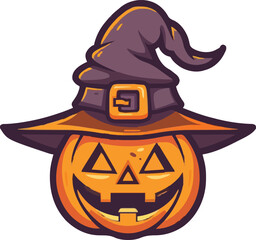 Halloween scary pumpkin in purple witches hat in