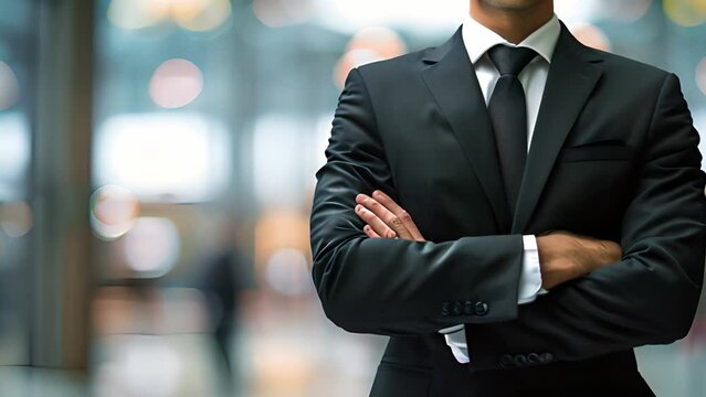 A professional businessman wearing a suit, standing with his arms crossed. Confident and assertive body language in a business setting.