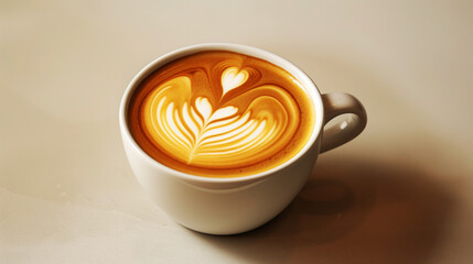 A close-up view of a latte in a white cup, featuring intricate heart-shaped latte art on the creamy foam surface, set on a neutral background.