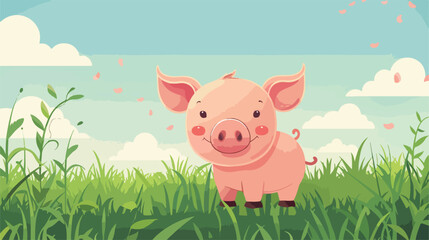 Cute pig on grass style vector design illustration