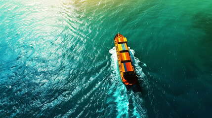 Aerial view of a cargo ship navigating through open turquoise waters, leaving a wake behind. The...
