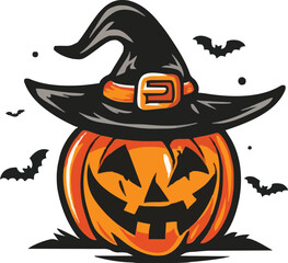 Halloween scary pumpkin in purple witches hat in