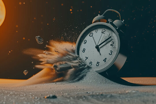 Surreal image clock exploding mid-air against dark blurred background